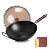 WANGYUANJI 13.4" Carbon Steel Wok Pan, Woks & Stir-Fry Pans with Glass Lid No Chemical Coated Flat Bottom Iron Wok for Induction, Electric, Gas