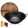 WANGYUANJI 13.4" Handmade Wok, Cast Iron Wok Pan, Large Flat Bottom Wok Stir with Dual Handle and Wooden Lid, Suitable for All Cooktops