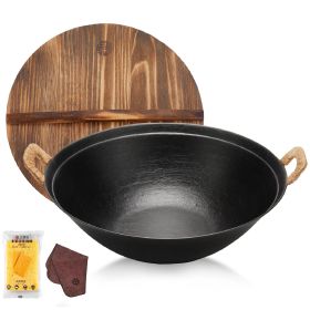WANGYUANJI 13.4" Handmade Wok, Cast Iron Wok Pan, Large Flat Bottom Wok Stir with Dual Handle and Wooden Lid, Suitable for All Cooktops